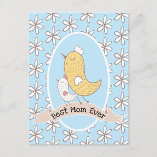 Carte Postale Maman Oiseau Et Bébé Avec Des Fleurs Blanches