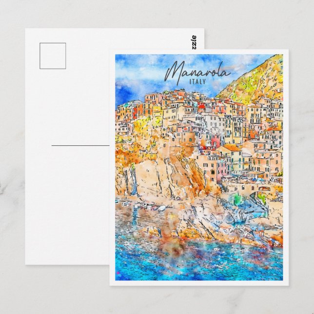 Carte Postale Manarola Italie Travel Place Aquarelle (Devant / Derrière)