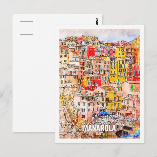 Carte Postale Manarola Italie Travel Place Aquarelle (Devant / Derrière)