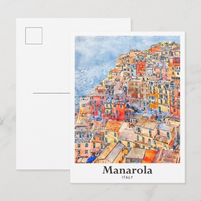 Carte Postale Manarola Italie Voyage Aquarelle main tirée (Devant / Derrière)