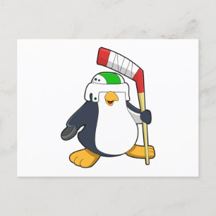 Carte Postale Manchot au hockey sur glace avec Bâton de hockey s