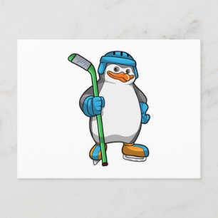 Carte Postale Manchot au hockey sur glace avec bâton de hockey s