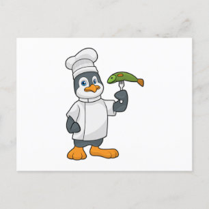 Carte Postale Manchot cuisinier avec poisson et tablier de cuisi