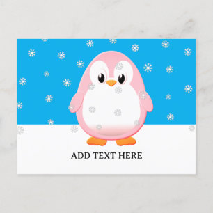 Carte Postale Manchot rose mignon dessin animé Flocons de neige 