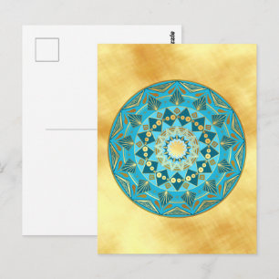 Carte Postale Mandala bleu or sur fond doré