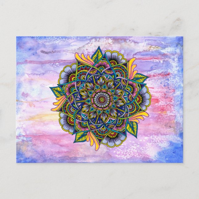 Carte Postale Mandala d'été coloré avec fond d'aquarelle (Devant)