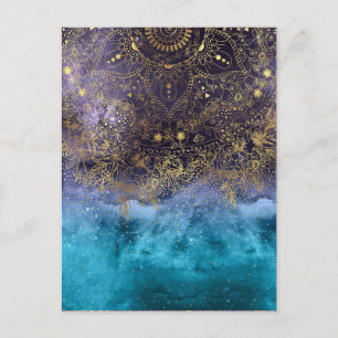 Carte Postale Mandala et confetti à fleurs d'or