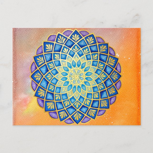 Carte Postale Mandala Gold Orange Aquarelle Bleu pourpre Floral (Devant)