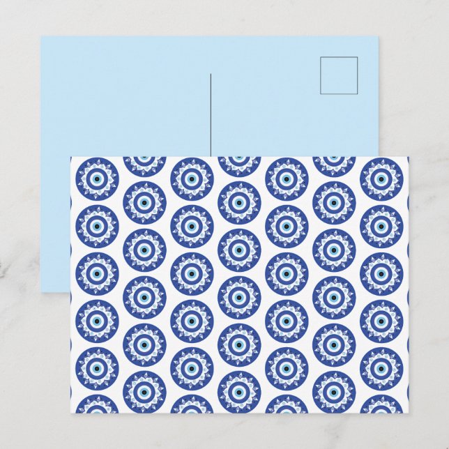 Carte Postale Mandala Grec Mal Eye Motif Bleu Blanc (Devant / Derrière)