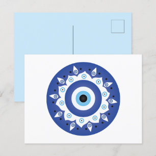 Carte Postale Mandala Grec Mal Oeil Bleu Blanc