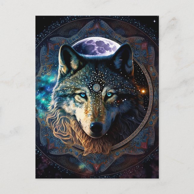 Carte Postale Mandala, la lune mystique du loup (Devant)