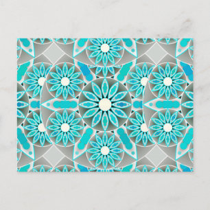 Carte Postale Mandala motif, turquoise, gris argenté et blanc