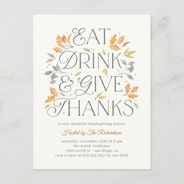Carte Postale Manger Boire Rendre Grâce Fête de Thanksgiving (Devant)