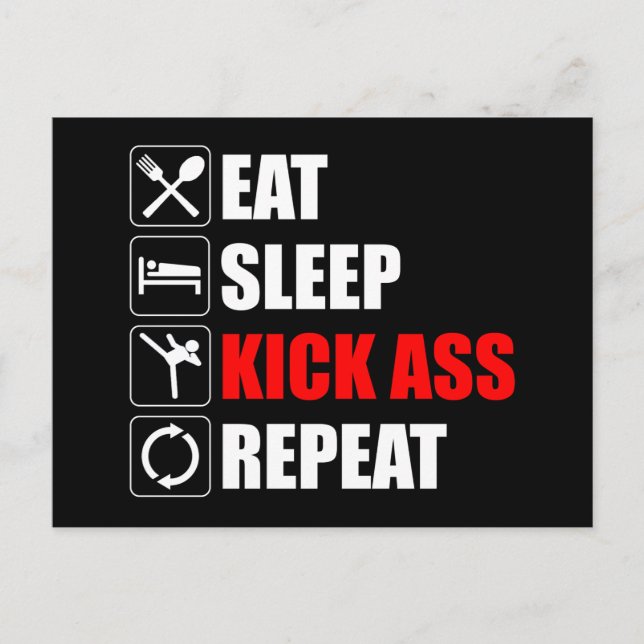 Carte Postale Manger. Dormir. Kick-Ass. Recommencer (Devant)