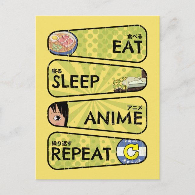 Carte Postale Mangez Sleep Anime Repeat - Anime Icons & Kanji Ja (Devant)
