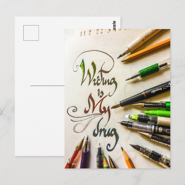 Carte Postale Manifeste de l'écrivain fou stylos et crayons (Devant / Derrière)