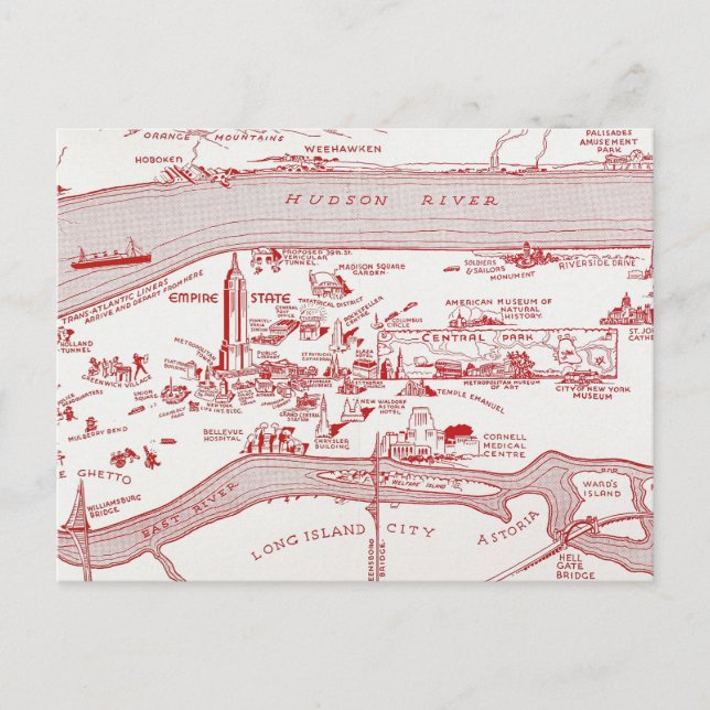 Carte Postale MAP : MANHATTAN, c1935 (Devant)