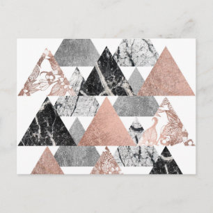 Carte Postale Marbre Rose or argent et Floral Geo Triangles