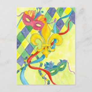 Carte Postale Mardi Gras Fleur De Lis Aquarelle Art Jaune
