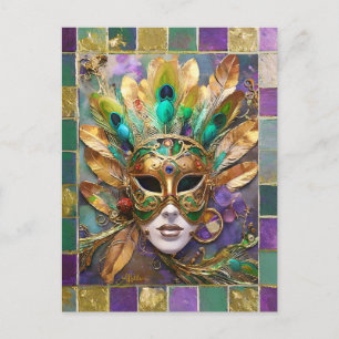 Carte Postale Mardi Gras Gold et vert Peacock Feature Masque