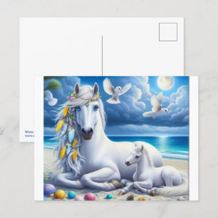 Carte Postale Mare et poulain blanc sous la Lune