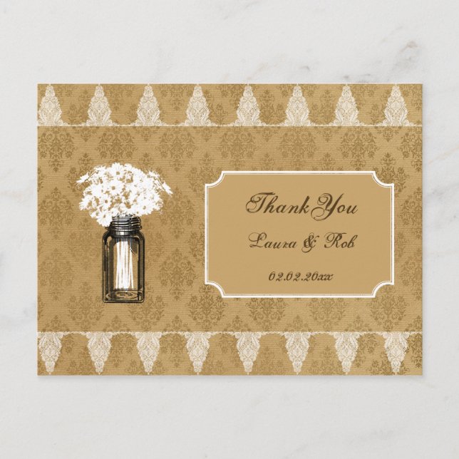 Carte Postale marguerites en bocal de mason, mariage burlap merc (Devant)