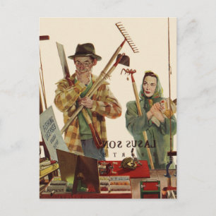 Carte Postale Mari vintage et femme avec outils de jardinage