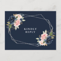 Mariage à cadre argenté floral bleu marine RSVP