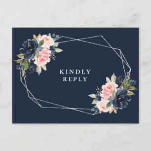 Carte Postale Mariage à cadre argenté floral bleu marine RSVP