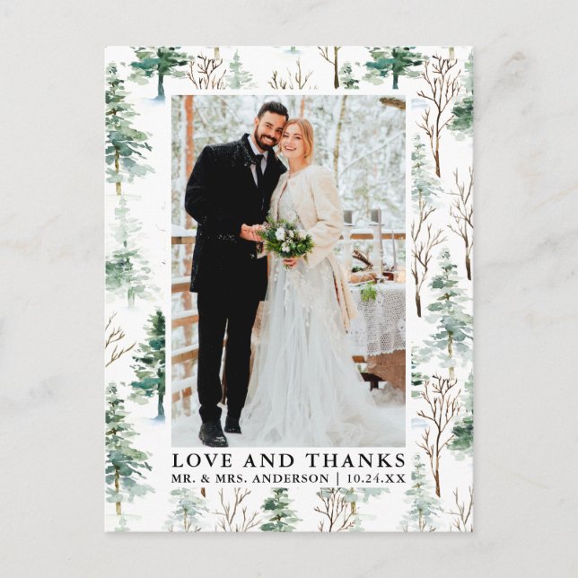 Carte Postale Mariage Amour et Remerciements à l'aquarelle Pins  (Devant)
