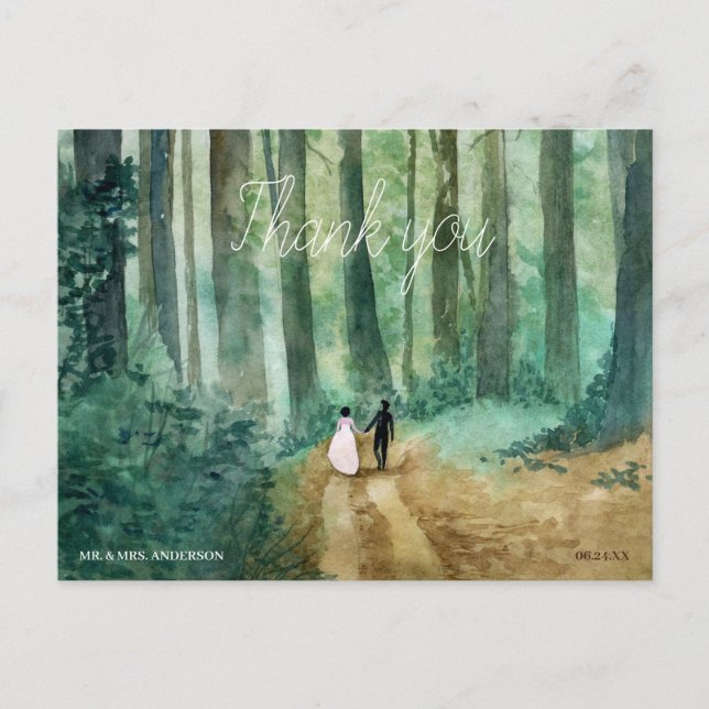 Carte Postale Mariage Aquarelle paysage boisé merci (Devant)