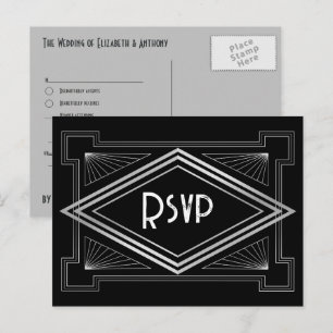 Carte Postale Mariage Art déco noir et argent inspiré de Gatsby
