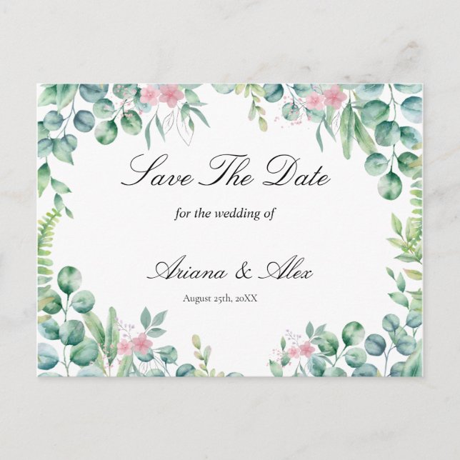 Carte Postale Mariage au eucalyptus floral  Enregistrez la date (Devant)