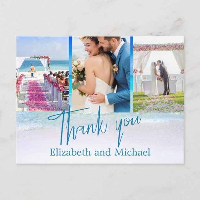 Carte Postale Mariage Beach Blue Ocean 3 Photo Elégant Merci (Devant)