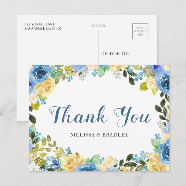 Carte postale mariage bleu jaune Merci Floral (Devant / Derrière)