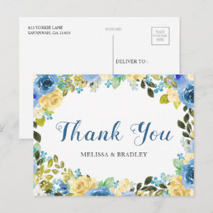 Carte postale mariage bleu jaune Merci Floral