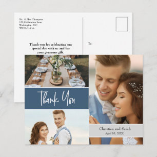 Carte Postale Mariage bleu moderne  photo collage Merci