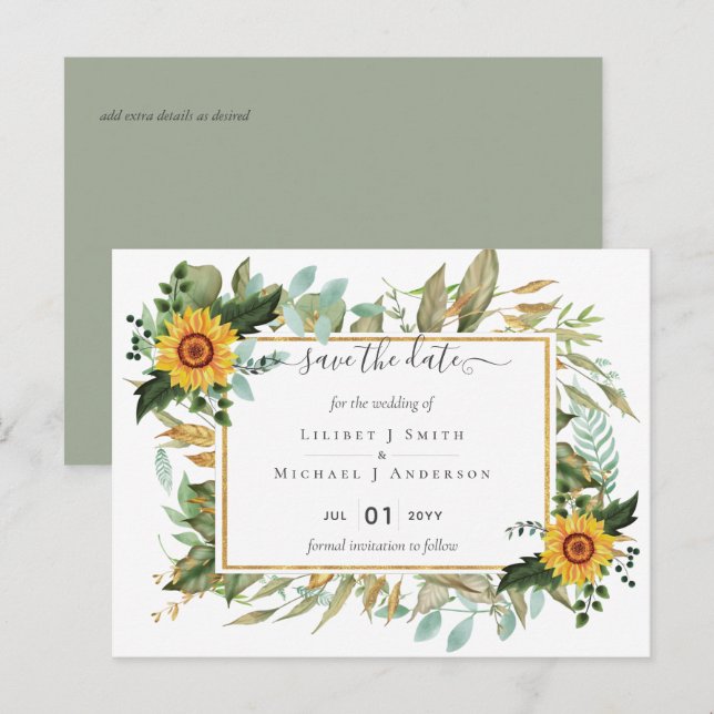 Carte Postale Mariage bohème avec tournesols et verdure sage (Devant / Derrière)