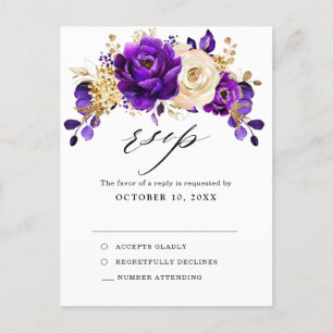 Carte Postale Mariage botanique royal violet violet or RSVP   