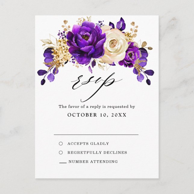 Carte Postale Mariage botanique royal violet violet or RSVP (Devant)