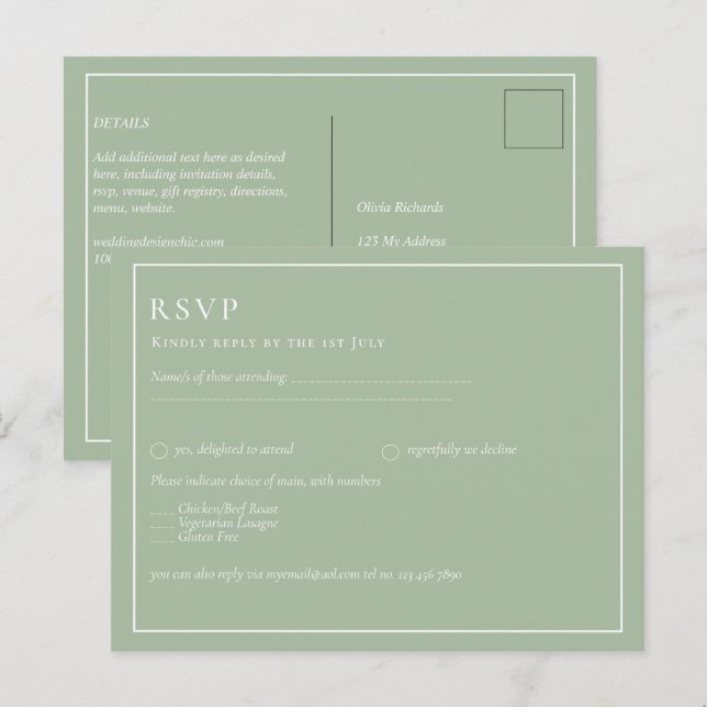 Carte Postale MARIAGE BUDGET Sage Apple Green Monochrome Texte (Devant / Derrière)