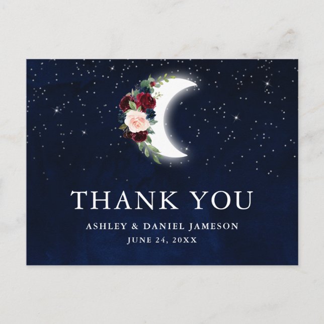 Carte Postale Mariage céleste Floral Moon étoiles Merci (Devant)
