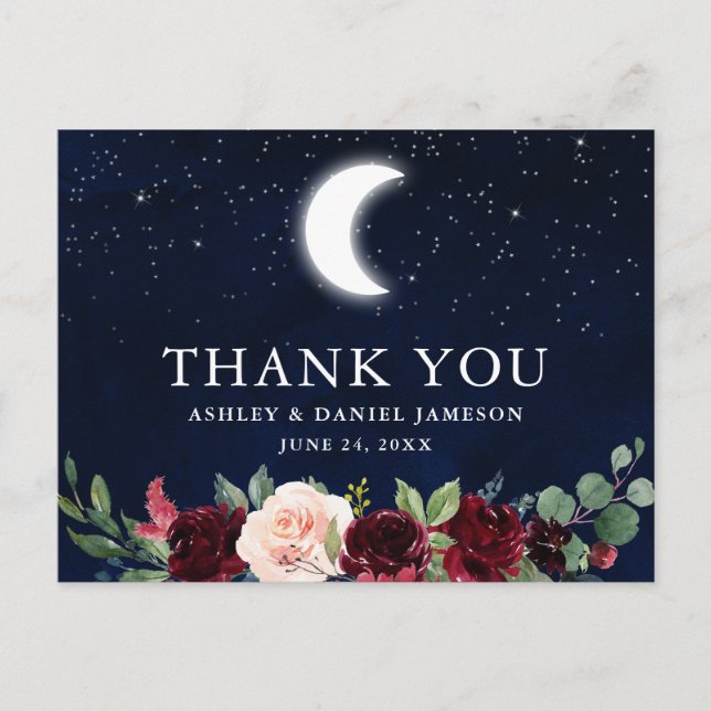 Carte Postale Mariage céleste Sky Moon étoiles Merci floral (Devant)