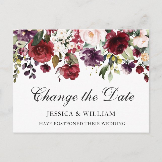 Carte Postale Mariage Changer la date Burgundy Blush Rose (Devant)