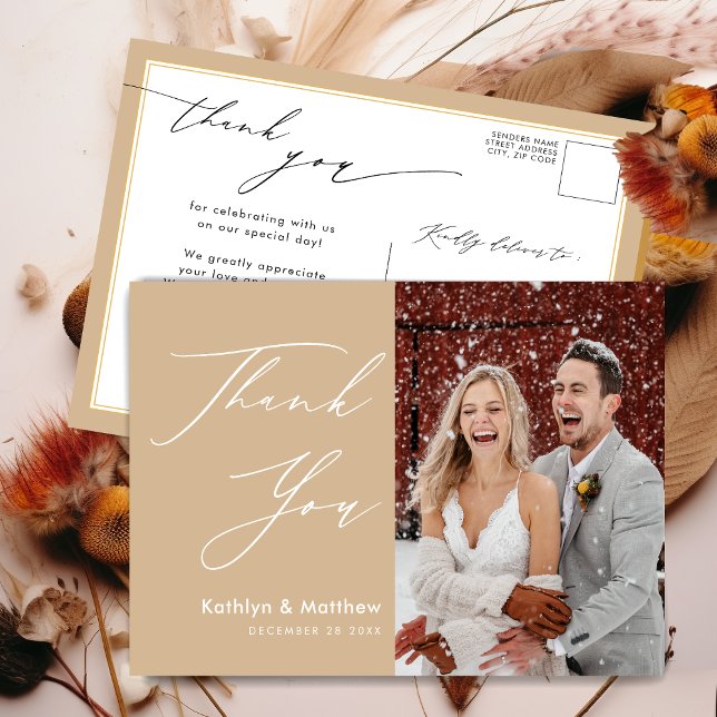 Carte Postale Mariage Chic Merci Élégant Script Beige Poussiéreu (Créateur téléchargé)