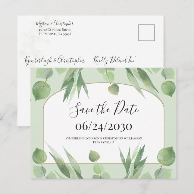 Carte Postale Mariage d'arc géométrique vert Dusty Enregistrer l (Devant / Derrière)