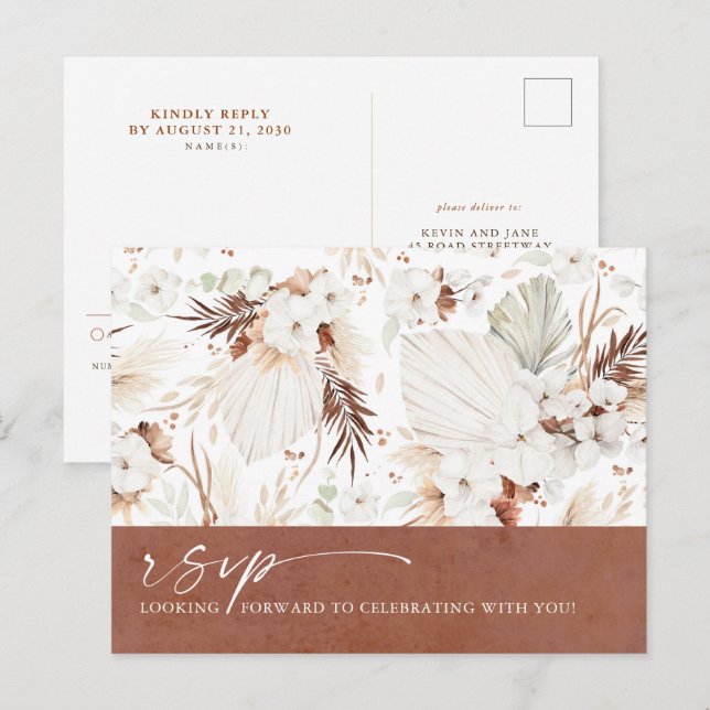 Carte Postale Mariage de Boho Floral en terre cuite RSVP (Devant / Derrière)