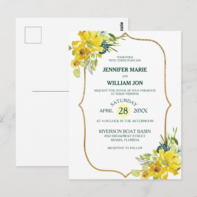 Carte Postale Mariage de bouquet doré jaune de printemps frais (Devant / Derrière)