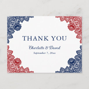 Carte Postale Mariage de dentelle bleu et rouge de la Marine et 