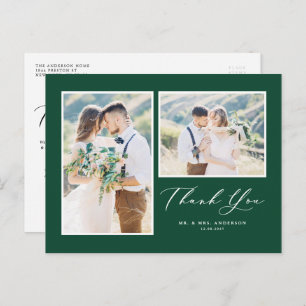Carte Postale Mariage de deux photos vert script Merci